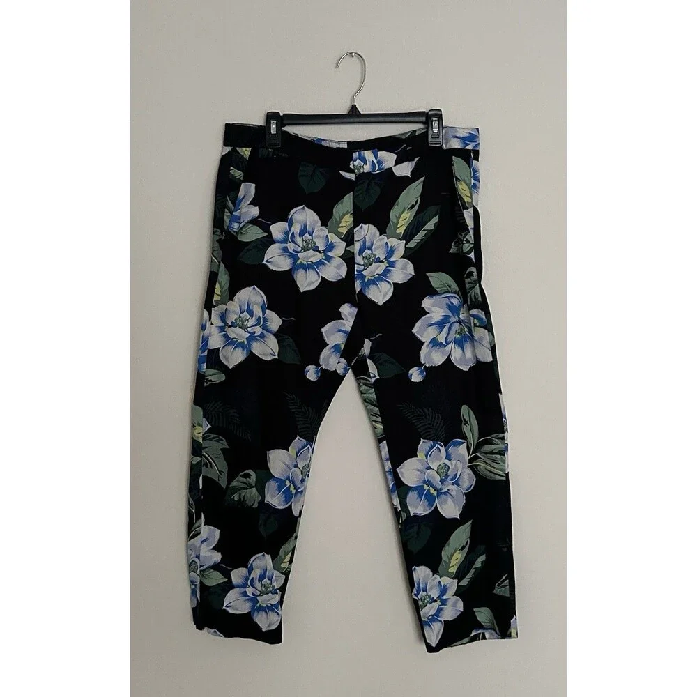 Banana Republic Avery FitLinen Blend Floral Print Ankle Pants Black Blue Size 10